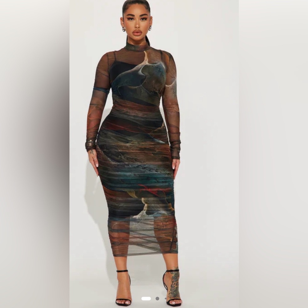 Fashion Nova Sheer Long-Sleeve Bodycon Dress in Earth Tone Print